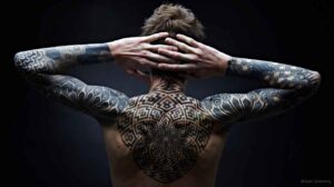 A tattoo model posing with detailed back tattoos